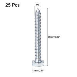 sourcing map Hex Lag Screws, M8 x 60mm Carbon Steel Zinc Plated Full Thread Self-Tapping Bolts for Wood Screw 25Pcs