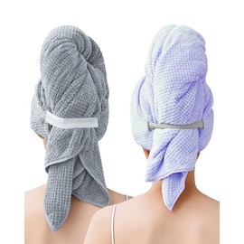 BellaGesundheit Pack of 2 Microfibre Hair Turban with Elastic Band - 100 x 60 cm, Quick Drying & Super Absorbent for Long Thick Curly Hair (Grey & Blue)