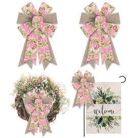 Hying 2PCS Spring Rose Bows for Wreath, Burlap Flower Wreath Bows for Spring Summer Décor Village Countryside Pink Rose Bows for Front Door Indoor Outdoor Wall Tree Topper Decoration Supplies Ornament