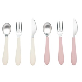 Kids Stainless Steel Utensils Set - Premium 18/8 Grade Silverware Kit - 2 Spoons, 2 Forks, and 2 Knives for Ages 4-7 - Silicone Easy-Grip Handles - Children Flatware Cutlery (Matte - Pink, Off White)