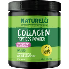 NATURELO Collagen Peptide Powder, Hydrolyzed Collagen Type I & III, Skin Hair & Joint Health - Unflavored, 16 Ounces | 45 Servings