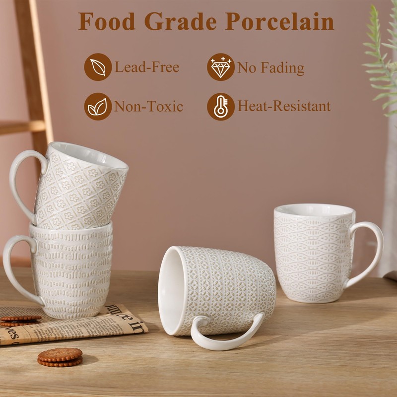 ARRADENS Embossment Coffee Mugs Set of 4, 12 oz Ceramic