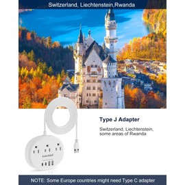 Switzerland Power Adapter, Switzerland Travel Plug Adapter with 3 American Outlets 4 USB Ports (2 USB-C) Total 24W, Type J Adapter and Outlet Converter for USA to Switzerland, Liechtenstein, Rwanda | kakahigh