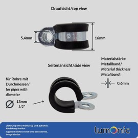 Lumonic 5 x 13 mm pipe clamps with rubber insert, cable clamps for screwing, hose clamp 13 mm, pipe clamps, mounting clamp 13 mm, pipe holder
