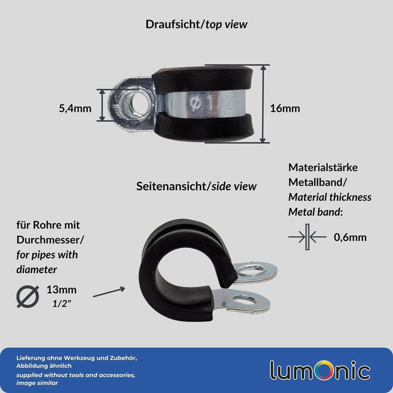 Lumonic 5 x 13 mm pipe clamps with rubber insert,