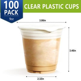 Ezselect 100Pack Smooth Clear Plastic cups 9oz Disposable Crystal Cups Bulk, Extra Thick Disposable Cold Cups for Birthday Party Event Bar Cups, Clear Plastic Cup for Juice, Ice Cream, Wine, Cocktail