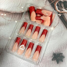 French Tip Press on Nails Long Square Pearl Heart Rhinestones Design Red French False Nails Valentine's Day Fake Nails Full Cover Reusable Coffin Nails Artificial Acrylic Nail, Glue on Nails for Women