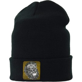 EXPRESS-STICKEREI Knitted Hat Animals Warm Winter Hat Wool Hat Unisex Men Women Hood Sailor Hat Work Hat Beanie Cap Fine Knit for Animal Lovers Dog Owners One Size Streetwear, Black/Lion Head Gold
