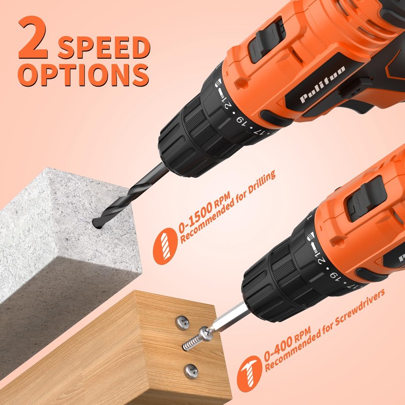 PULITUO 20V Cordless Drill/Driver, 2 Batteries Electric Screwdriver, 30Nm Power