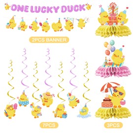 One Lucky Duck Birthday Decorations, 12PCS Cute Duck Party Decorations Include Banner Hanging Swirls and Honeycomb Centerpieces for Boys Girls First Birthday Party Supplies