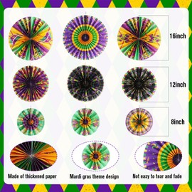 Outus 18 Pcs Mardi Gras Hanging Decorations Paper Fans Mardi Gras Classroom Ceiling Wall Decor Gold Purple Green Paper Fans for Carnival Masquerade Party Supplies
