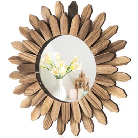 Eorbow Wall Mirror Decorative, 12 inch Rustic Wood Boho Mirror, Clear Sunburst Mirror for Home Farmhouse Bedroom Entryway Decor House Warming Gifts New Home, No Distortion