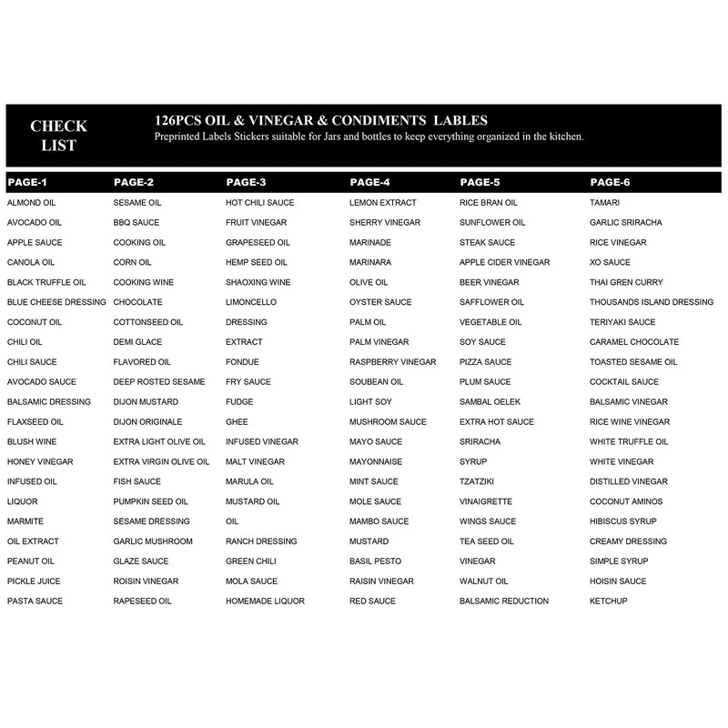 Oils, Vinegars and Condiments Labels for Bottles, Prefdo 126 PCS