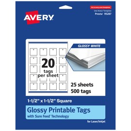 Avery Printable Square Tags, Sure Feed Technology, 1-1/2" x 1-1/2", Glossy White Cardstock, Print-To-The-Edge, Laser/Inkjet Printable, 500 Total, Great for Custom Gift or Branding Tags