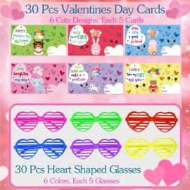 SNMEIKUN 30 Pack Valentines Day Gifts for Kids, Valentines Day Cards for Kids with Plastic Heart Shutter Shaped Glasses Valentine School Classroom Prizes Exchange Gifts Party Favors Supplies
