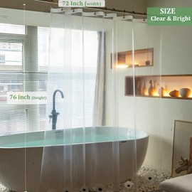 Tonnali Clear Shower Curtain Liner 76 inches Long with 6 Magnets, PEVA Lightweight Plastic Waterproof Extra Long Shower Liner 72x76 Inch Length for Bathroom