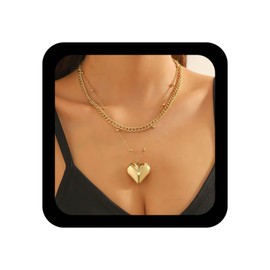 Allereyae Boho Layered Heart Pendent Necklace Puffed Heart Necklaces Gold Curb Chain Choker Necklace Cuban Chain Necklaces Metal Love Choker Jewelry for Women