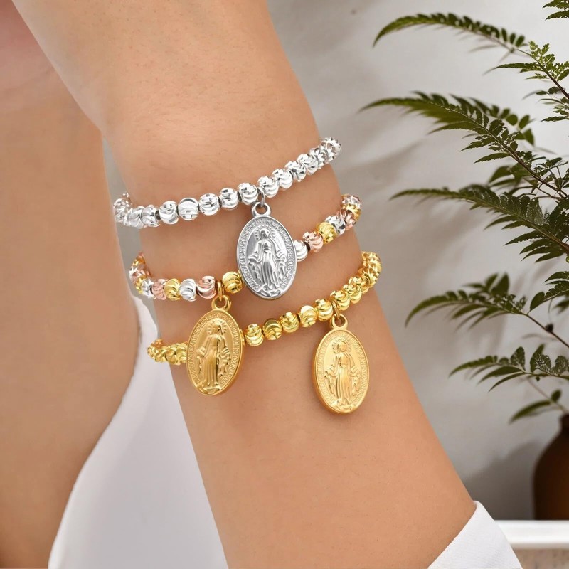 Rnivida Stainless Steel Catholic Rosary Bracelet for Women,Adjustable Chain