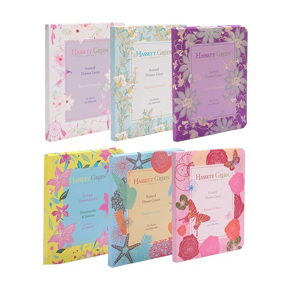 Hassett Green London Six Pack Scented Drawer Liners - Natural Cotton - Lilac & Lavender - Hearts & Roses - Sensual Sensuelle - Endless Ocean - Honeysuckle & Jasmine