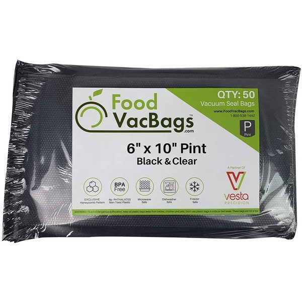 50 Pint 6" X 10" FoodVacBags Black & Clear Vacuum Sealer Storage Bags/Pouches, BPA Free, Perfect for Sous Vide and FoodSaver