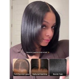 Julia Hair 10 Inch Light Yaki Straight Bob Wig 100% Human Hair Glueless Bye Bye Knots 7x5 Hd Lace Pre Cut Plucked Short Wig Natural Color Straight Bleached Knots Side Part Black Wigs