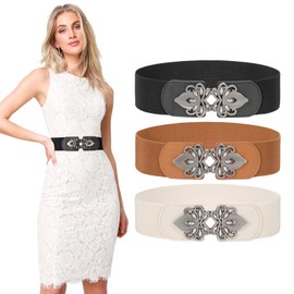 LEACOOLKEY 3 Pieces Women's Wide Elastic Belt Stretch Elasticated Waist Belts Cinch Belt Vintage Belt Women Belts for Dresses(Suitable for waist 42''-49'',Black+Brown+Beige)