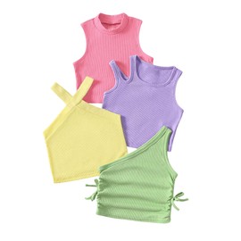 OYOANGLE Toddler Girl's 4 Pack Ribbed Knit Crop Tank Tops Set One Shoulder Summer Camisole Multicolor 7Y