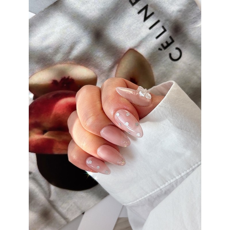 Pink nude tone wedding nail tips twinkle dot ribbon parts,