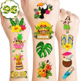 MeoIsDaBest 100 piezas de tatuajes hawaianos, decoraciones para fiestas de cumpleaños, suministros, recuerdos, tatuajes temporales Tiki Hawaii Luau, flores tropicales, verano, playa, Aloha, decoraci