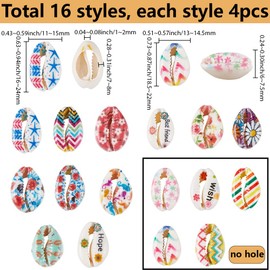 SUNNYCLUE 1 Box 64Pcs 16 Styles Natural Seashell Beads Cowrie Shells Bulk Colorful Printed Summer Ocean Beach Sea Shell Decoration Spacer Bead for Jewellery Making Necklace Bracelet Crafts Supplies