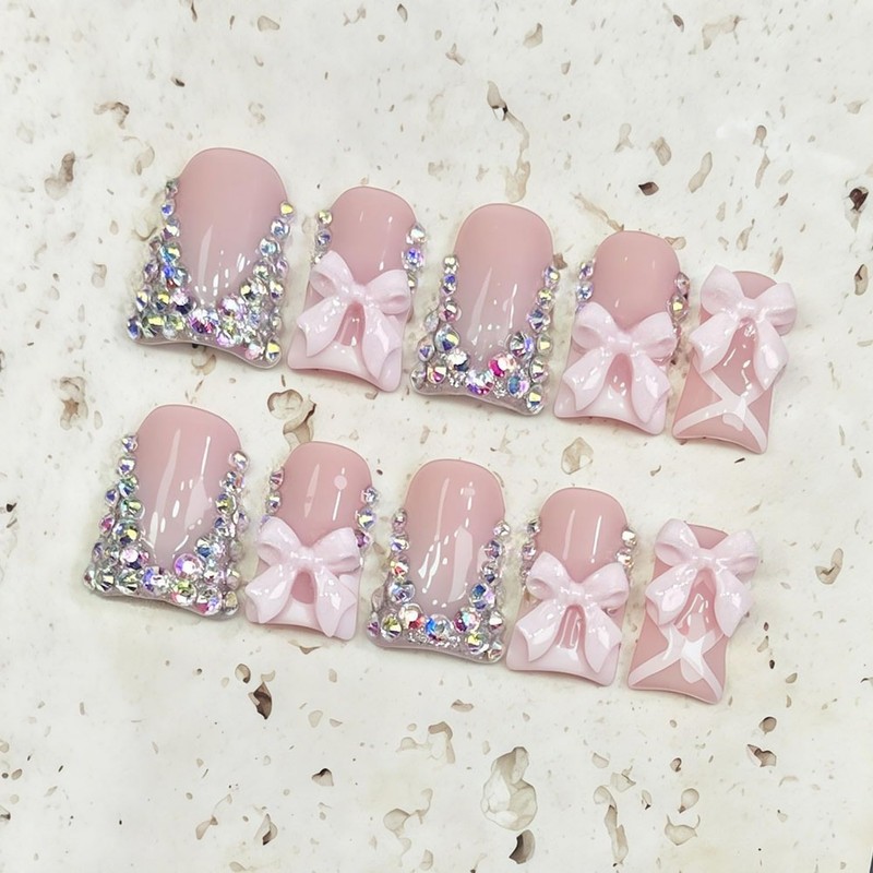 Luxury Rhinestone Press on Nails Short Duck Handmade 3D Bow