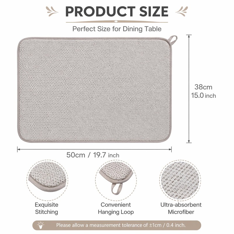 2 Pack Microfibre Dish Drying Mat, Foldable Drainage Mat, Beige