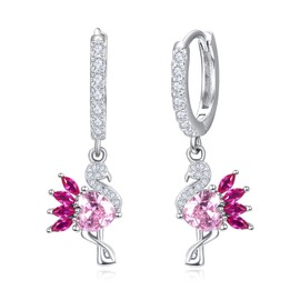 Cute Pink Flamingo Glitter Dangle Hoop Drop Earrings for Women Dainty Animal Hook Dangling Hanging Jewelry Valentine's Day
