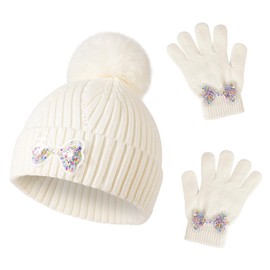 QKURT Girls Beanie Winter Hat and Mittens Set, Warm Accessories Set Toddler Knitted Cold Weather Set Kids Thermal Hat and Gloves Set