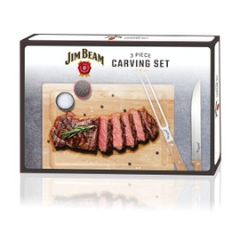 Jim Beam 3-Piece Carving Set, Includes Stainless Steel Knife and Fork with Wood Handles and Wooden Carving Board, Brown