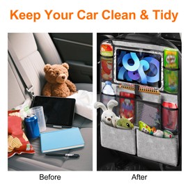 Chumix Pack of 2 Children's Car Organiser, Car Seat Organiser, Waterproof Oxford Cloth, Prevent Kick Organiser, Car Back Seat Children, with 10 Inch Tablet and 10 Pockets, Grey