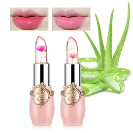 2PCS Crystal Flower Jelly Lipstick,Color Changing Moisturizing Lipstick for Women, Magic Temperature Color Change Lipstick Lip Blam Gloss Makeup Gift Set, Long Lasting Tinted Lip Balm Moisturizer J