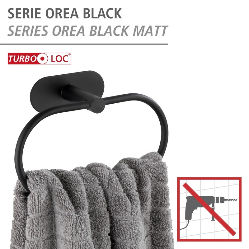 WENKO Turbo-Loc Orea Black Matt Towel Ring, No Drilling Required,