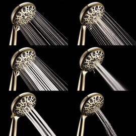 Couradric Handheld Shower Head, 6 Spray Setting High Pressure Shower Head with Brass Swivel Ball Bracket and Extra Long Stainless Steel Hose, Polished Brass, 5"