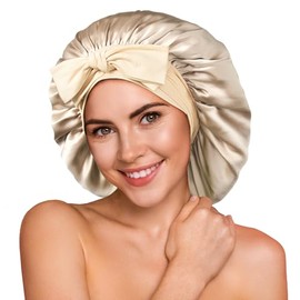 Gorro de seda morera 100% 22 momme para dormir, para mujer, de doble capa, de seda, antideslizante, para dormir, color champán