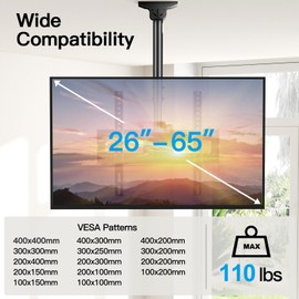 PERLESMITH Ceiling TV Mount for 26-65 inch Flat Screen Displays, Hanging Adjustable Ceiling TV Bracket Fits Most LCD LED OLED 4K TVs, Pole Ceiling Mount Holds up to 110lbs, Max VESA 400x400mm, PSCM2