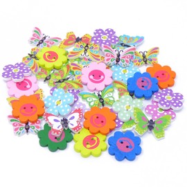 40Pcs Mix Wooden Flower & Butterfly Buttons for Craft Cardmaking Embellishments