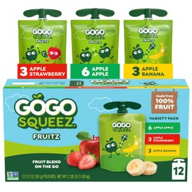 GoGo squeeZ No Sugar Added Applesauce and Fruit Puree, Apple, Strawberry, & Banana, 3.2 oz Pouches (Pack of 12), Fruit Snacks for Kids, Gluten Free, Nut Free, Recloseable Cap, BPA Free