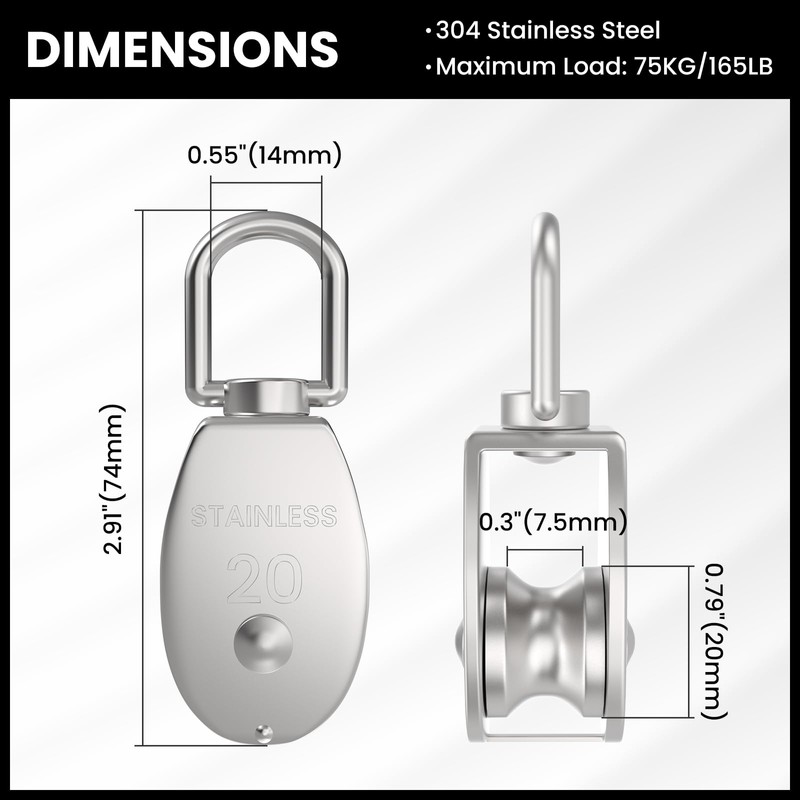 M20 Single Pulley Block 2 PCS, HONSNKS 304 Stainless Steel