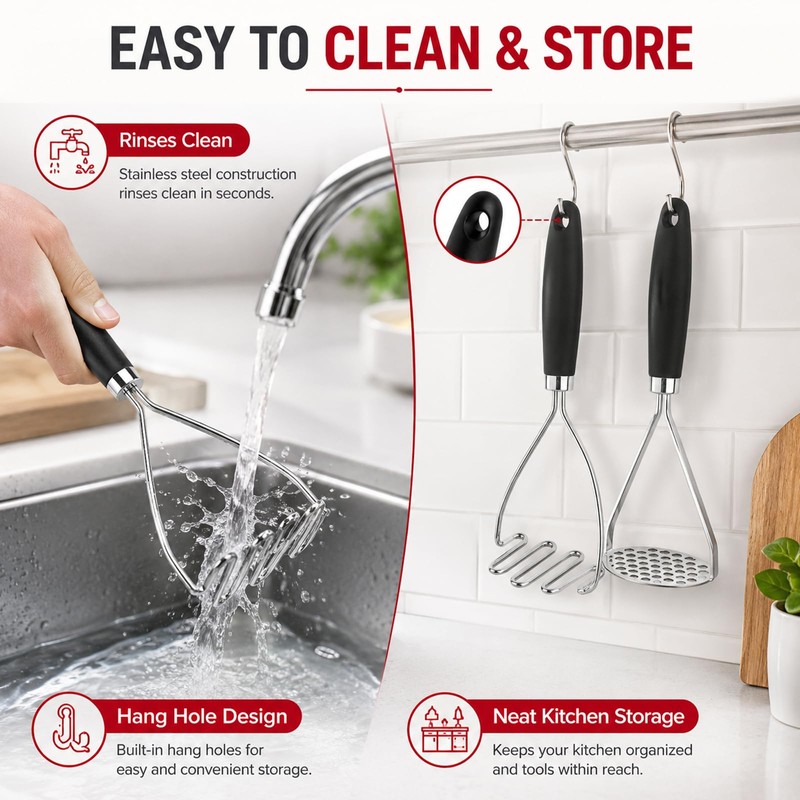2 Pack Potato Mashers, Stainless Steel Food Masher Food Grade