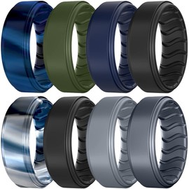 Dookeh Breathable Mens Silicone Wedding Rings, Rubber Ring Bands For Men, Black Blue Camo Engagement Band, Best for Workout, 1-4-7 Pack (Z-Darkcamo,Green,Nabyblue,Black,Bluecamo,Black,Gray,Dgray, 8)