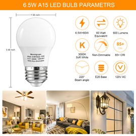 MorningLight A15 LED Bulb 60Watt Equivalent, 3000K Soft White, 600 Lumens Bulb, E26 Base, Non-Dimmable, ETL Listed, A15 6.5W LED Light Bulbs for Ceiling Fan, Modern & Rustic Lighting Fixtures, 6-Pack
