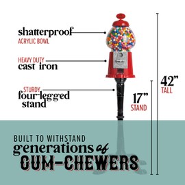 The Candery Gumball Machine - 15 Inch Candy Dispenser with Stand Durable Aluminum Frame- Heavy Duty Red Metal with Large Bowl - Easy Twist-Off Refill - Free or Coin Operated