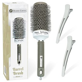 Beauty Carves Round Hair Brush, 45mm Barrel with 2 Clips - Blow Dry Hair Brush with Flexible Nylon 66 Bristles - Nano Ionic Heat Resistant Tech for Professional Curling, Styling & Shining Texture