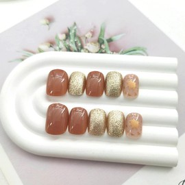 Fall Press on Nails Short Fake Nails Square with Maple Leaves Golden Glitter Design Glue on Nails Brown Full Cover Glossy False Nails Thanksgiving Acrylic Stick on Nails for Women 24Pcs